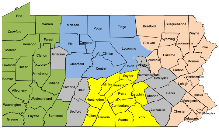 Region Map showcasing the different office locations for the Bureau of Capital Projects.